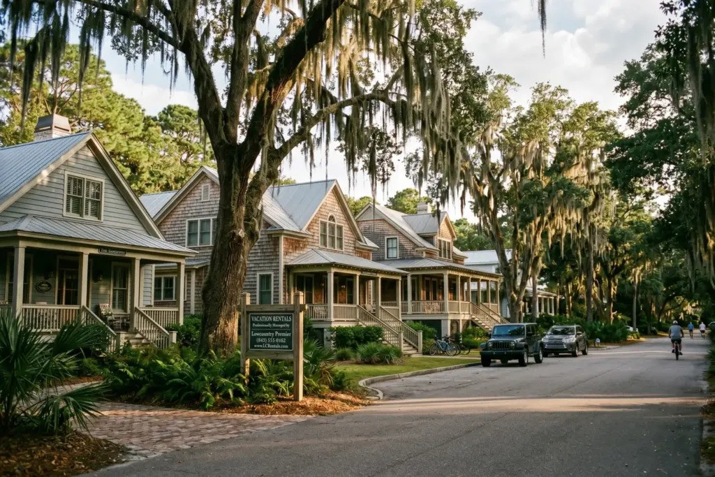 Vacation rental homes on a coastal Southeast street representing STR property management consolidation in 2026