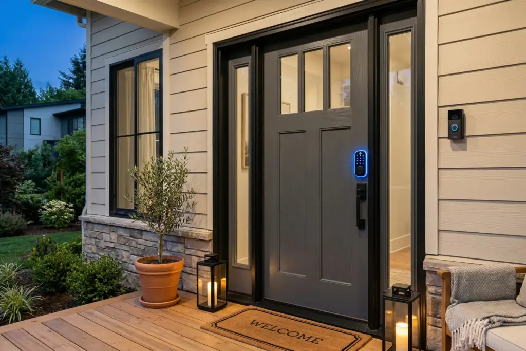 Smart lock keypad and doorbell camera on a modern vacation rental property entrance