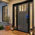 Smart lock keypad and doorbell camera on a modern vacation rental property entrance