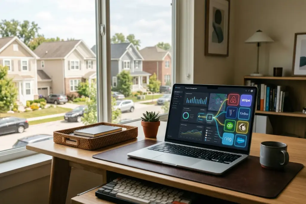 Laptop showing property management software dashboard with connected STR tool integrations
