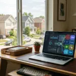 Laptop showing property management software dashboard with connected STR tool integrations