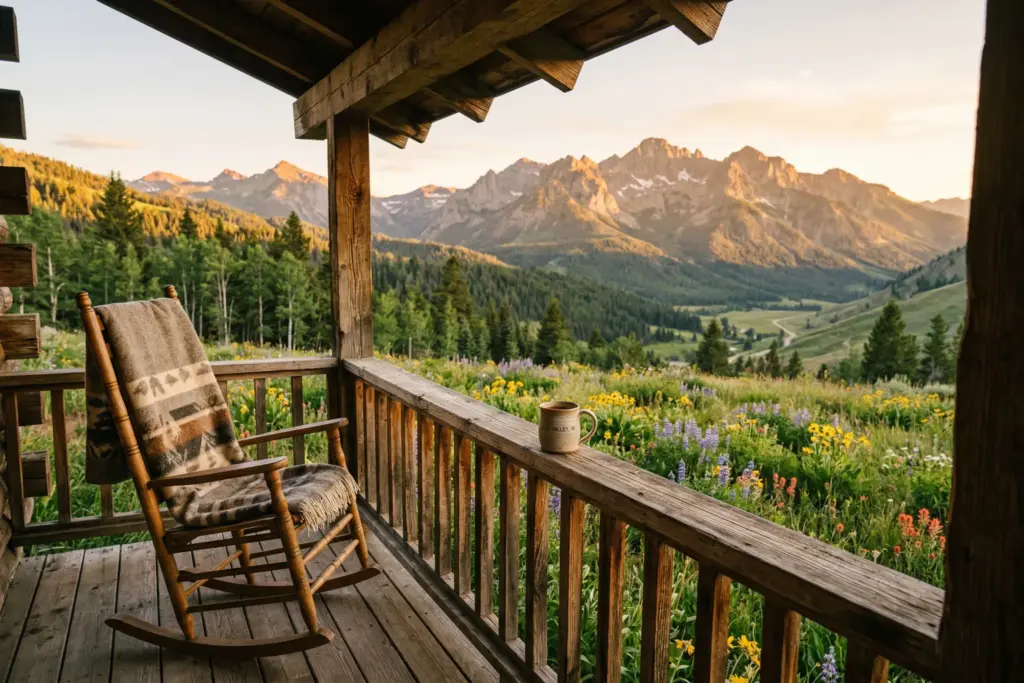 Mountain cabin porch overlooking the Pioneer Mountains in Sun Valley Idaho at golden hour