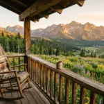 Mountain cabin porch overlooking the Pioneer Mountains in Sun Valley Idaho at golden hour