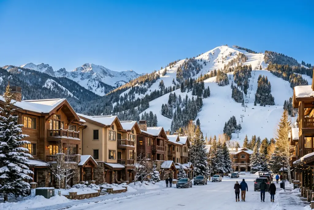 Sun Valley Idaho mountain resort with snow-covered Bald Mountain and vacation rental properties in Ketchum