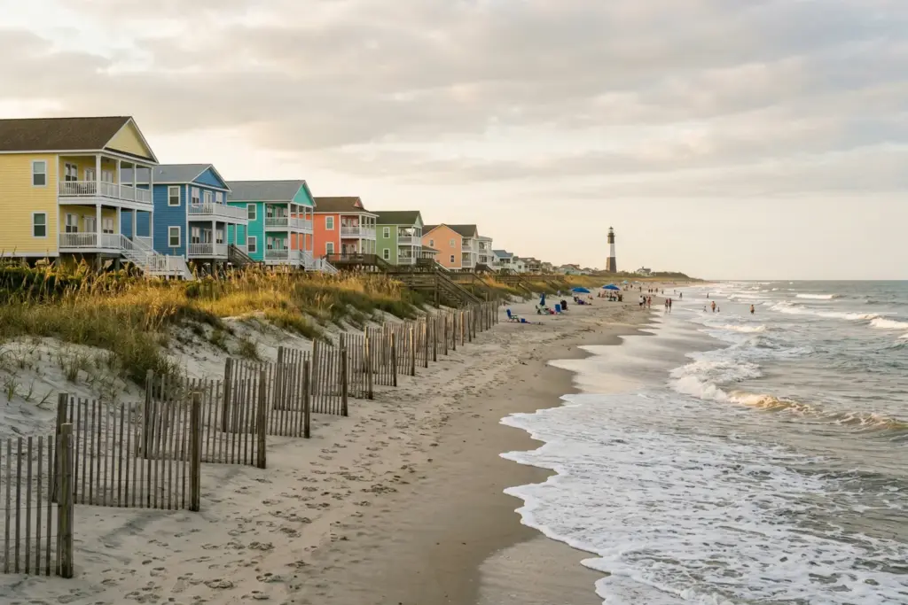 Tybee Island Georgia beach coastline with vacation rental properties
