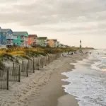 Tybee Island Georgia beach coastline with vacation rental properties