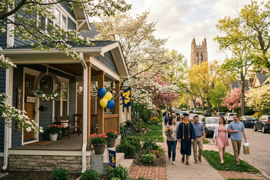 Charming college town residential street during graduation weekend with families walking past craftsman houses and a university campus in the background