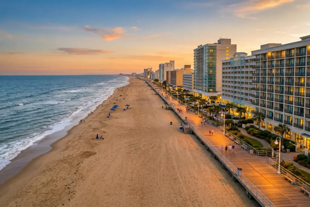 Virginia Beach oceanfront boardwalk and beachfront vacation rental properties along the Atlantic coastline