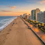 Virginia Beach oceanfront boardwalk and beachfront vacation rental properties along the Atlantic coastline
