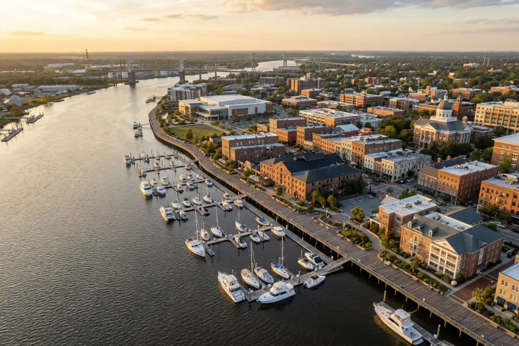 Wilmington North Carolina waterfront along the Cape Fear River showing downtown and marina