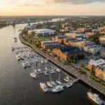 Wilmington North Carolina waterfront along the Cape Fear River showing downtown and marina