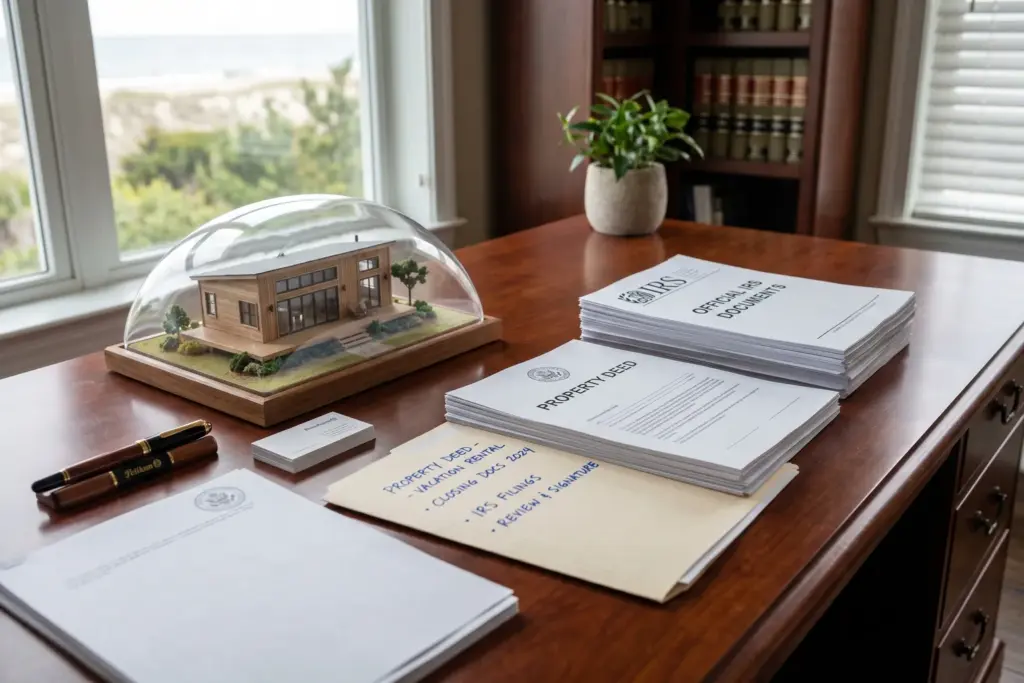 IRS tax documents and property deed on a desk representing 1031 exchange rules for short-term rental investors