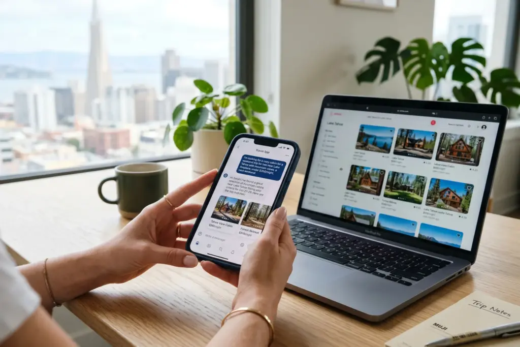 Smartphone showing Airbnb AI conversational search interface for travel booking