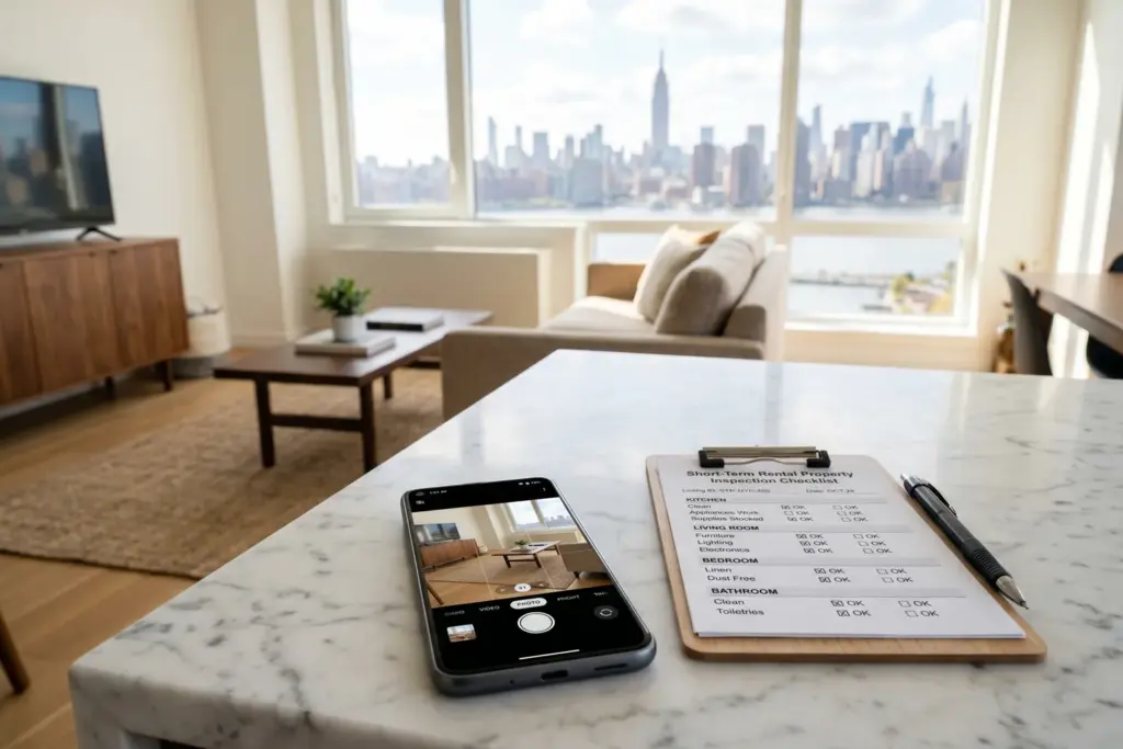 Smartphone with camera app and property inspection checklist on countertop in a Manhattan short-term rental apartment