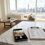 Smartphone with camera app and property inspection checklist on countertop in a Manhattan short-term rental apartment