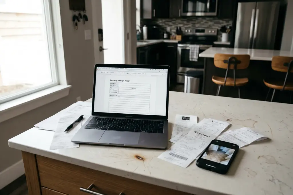 Laptop displaying a damage claim form in a short-term rental property kitchen with receipts and smartphone showing property damage photos