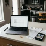 Laptop displaying a damage claim form in a short-term rental property kitchen with receipts and smartphone showing property damage photos