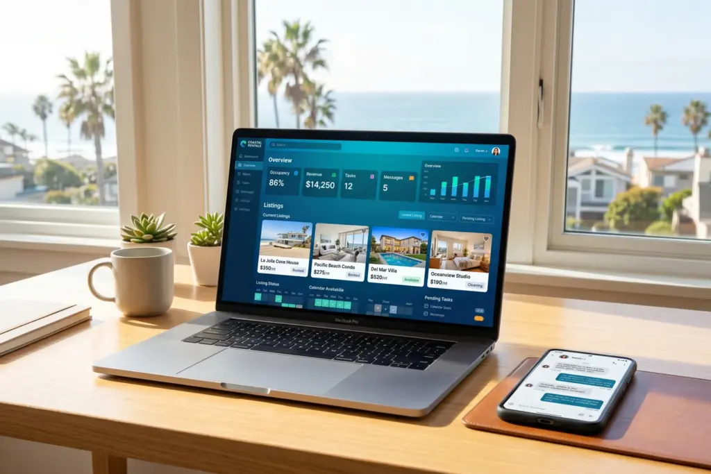 Laptop showing Airbnb co-host property management dashboard with vacation rental listings in a coastal home office