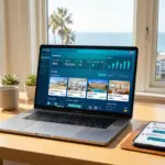 Laptop showing Airbnb co-host property management dashboard with vacation rental listings in a coastal home office