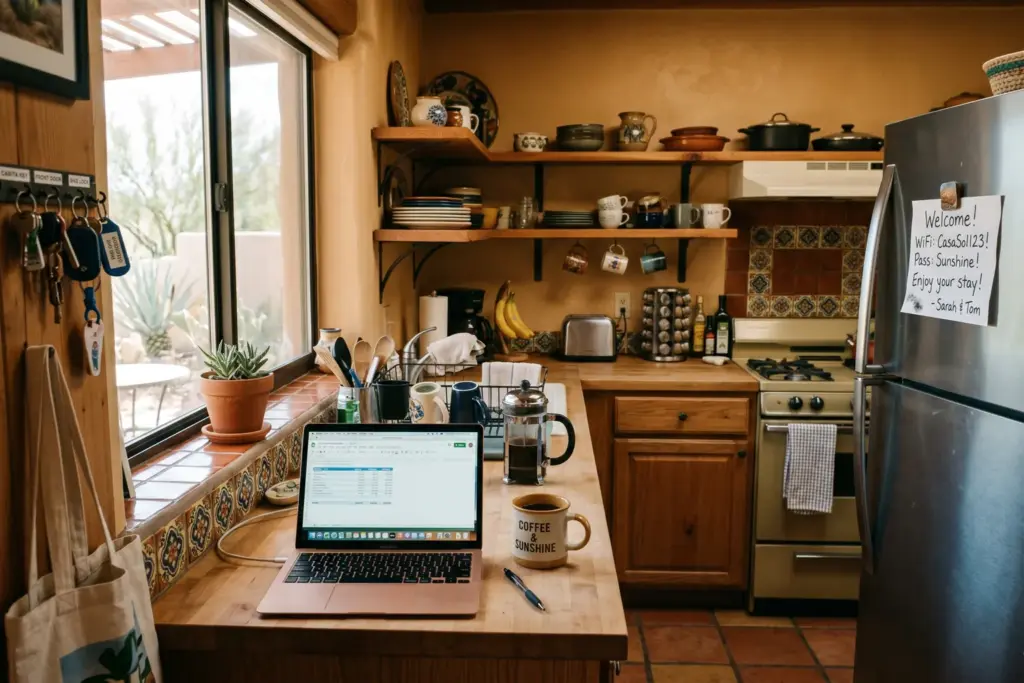 Vacation rental kitchen with laptop showing spreadsheet and cost analysis tools