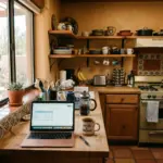 Vacation rental kitchen with laptop showing spreadsheet and cost analysis tools