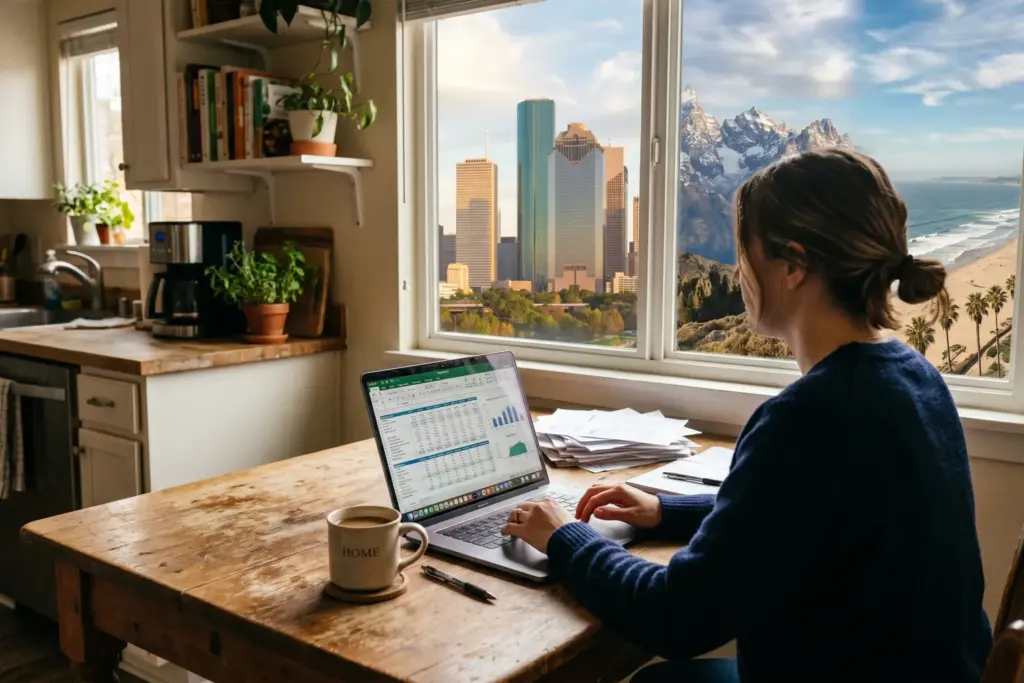 STR host reviewing Airbnb income data at kitchen table with laptop and spreadsheet showing 2026 earnings
