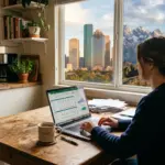 STR host reviewing Airbnb income data at kitchen table with laptop and spreadsheet showing 2026 earnings