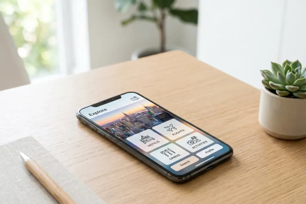 Smartphone showing Airbnb travel platform with hotel, car rental, and services interface for the Summer 2026 Release
