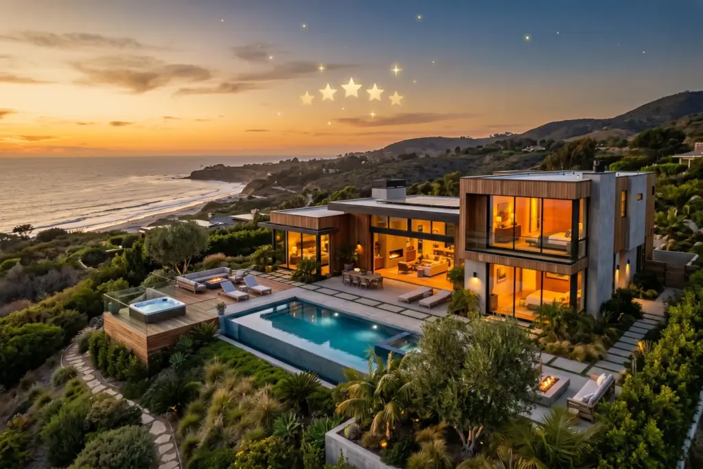 Modern vacation rental property at golden hour representing Airbnb Superhost status and what it means for host revenue