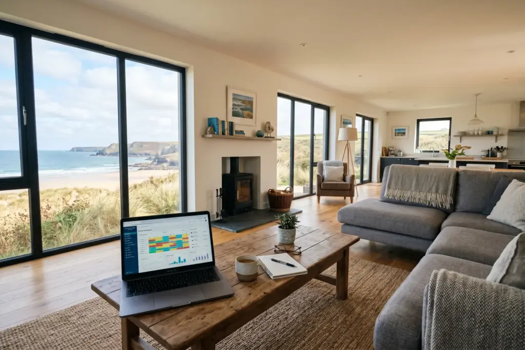 Vacation rental property interior with laptop showing booking analytics, representing the Airbnb vs VRBO host comparison for 2026