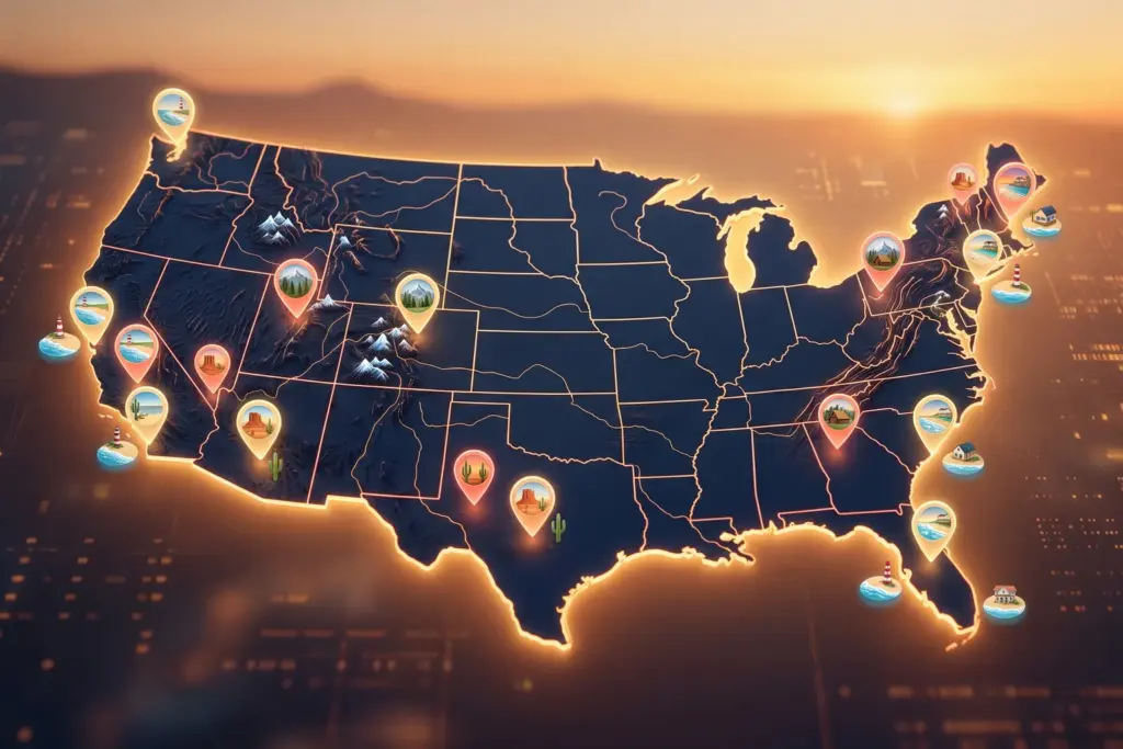 Map showing top Airbnb investment markets across the United States in 2026