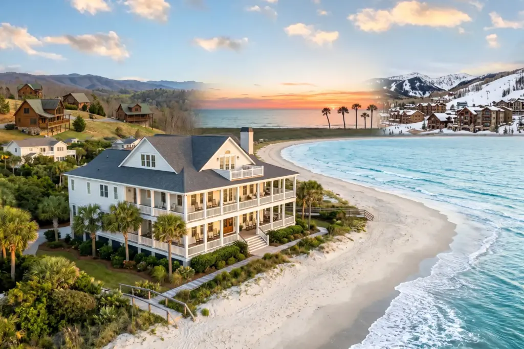 Aerial view of US vacation rental markets including South Carolina beach, Tennessee mountains, Florida coast, and Colorado ski towns