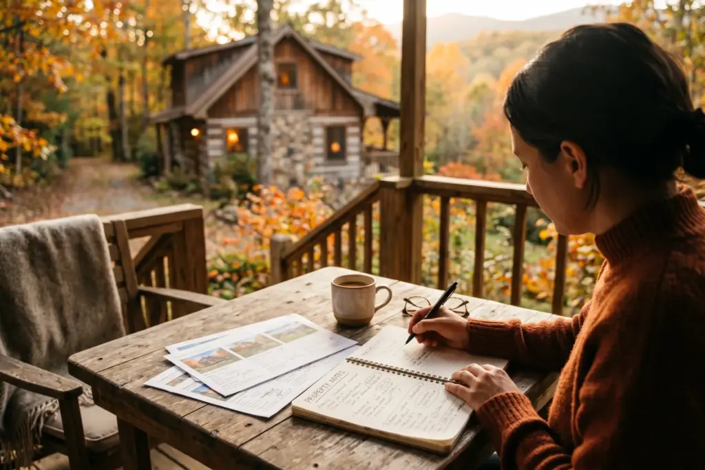 Person reviewing vacation rental property notes on a cozy mountain cabin porch