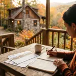 Person reviewing vacation rental property notes on a cozy mountain cabin porch