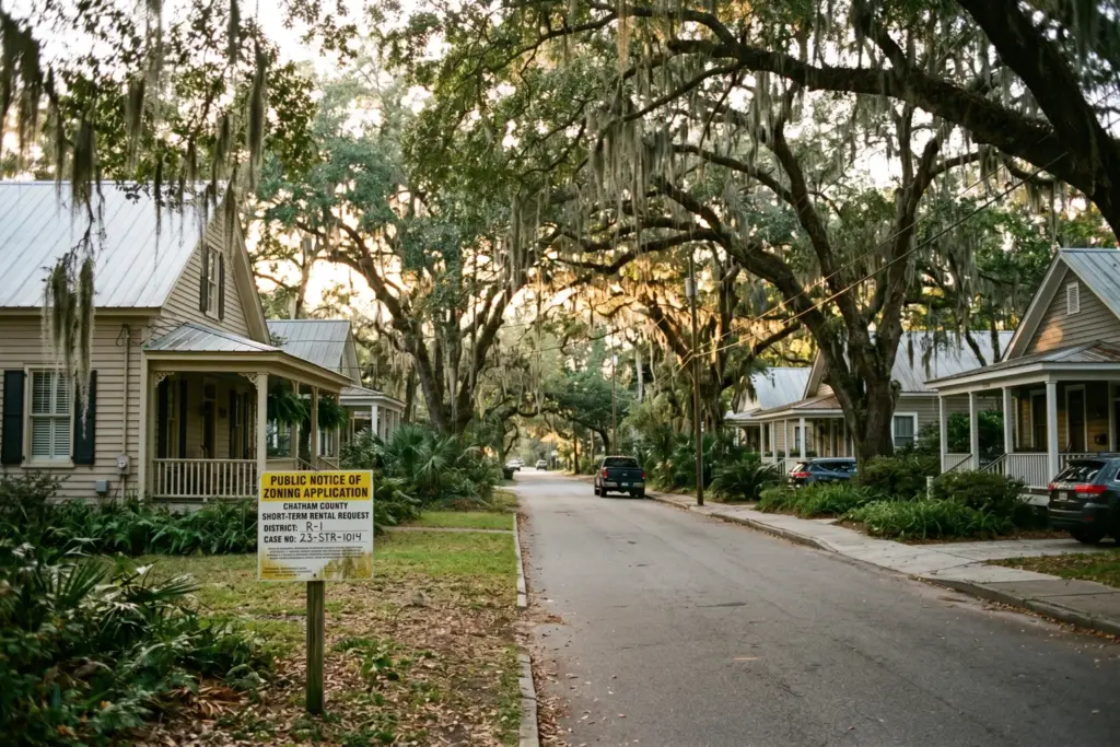 Residential street in coastal Georgia near Savannah showing the type of neighborhood affected by proposed 500-foot short-term rental buffer zone