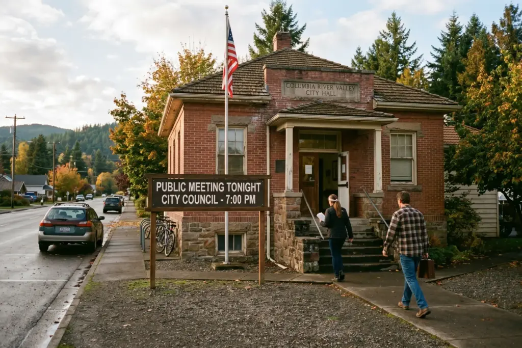 Small-town city hall building where STR regulation reversal votes are taking place in 2026