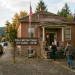 Small-town city hall building where STR regulation reversal votes are taking place in 2026
