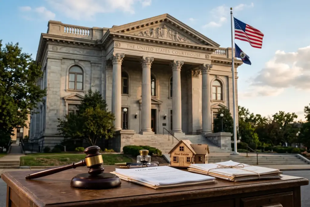 Courthouse exterior with gavel and legal documents representing court rulings against STR bans in 2026