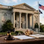 Courthouse exterior with gavel and legal documents representing court rulings against STR bans in 2026