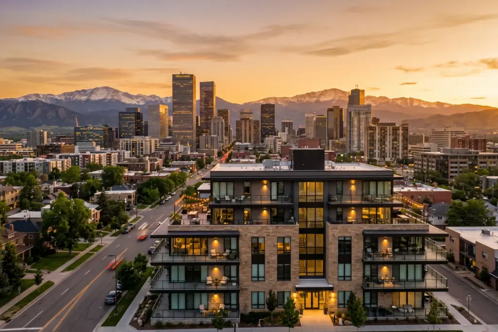 Denver Colorado skyline with Rocky Mountains showing STR investment market data for 2026