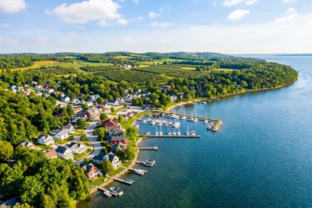 Door County Wisconsin vacation rental cabins along Green Bay waterfront with sailboats and cherry orchards