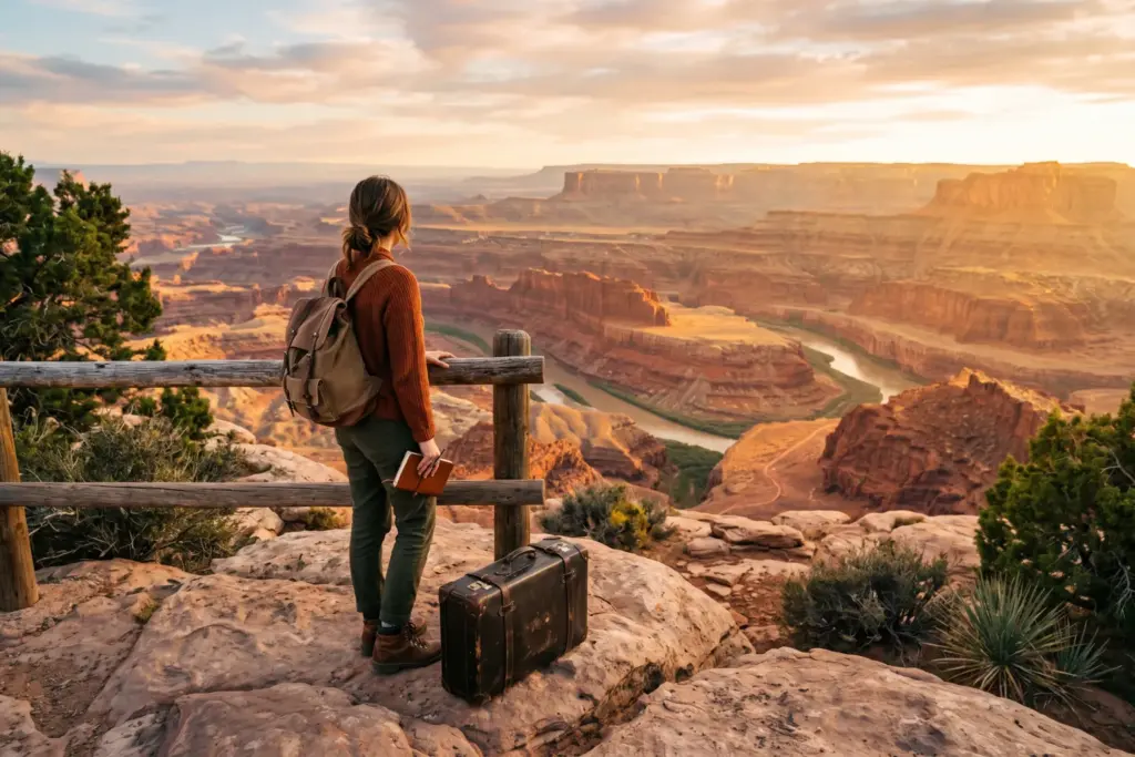 European traveler overlooking red rock desert landscape considering U.S. vacation rental investment