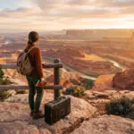 European traveler overlooking red rock desert landscape considering U.S. vacation rental investment