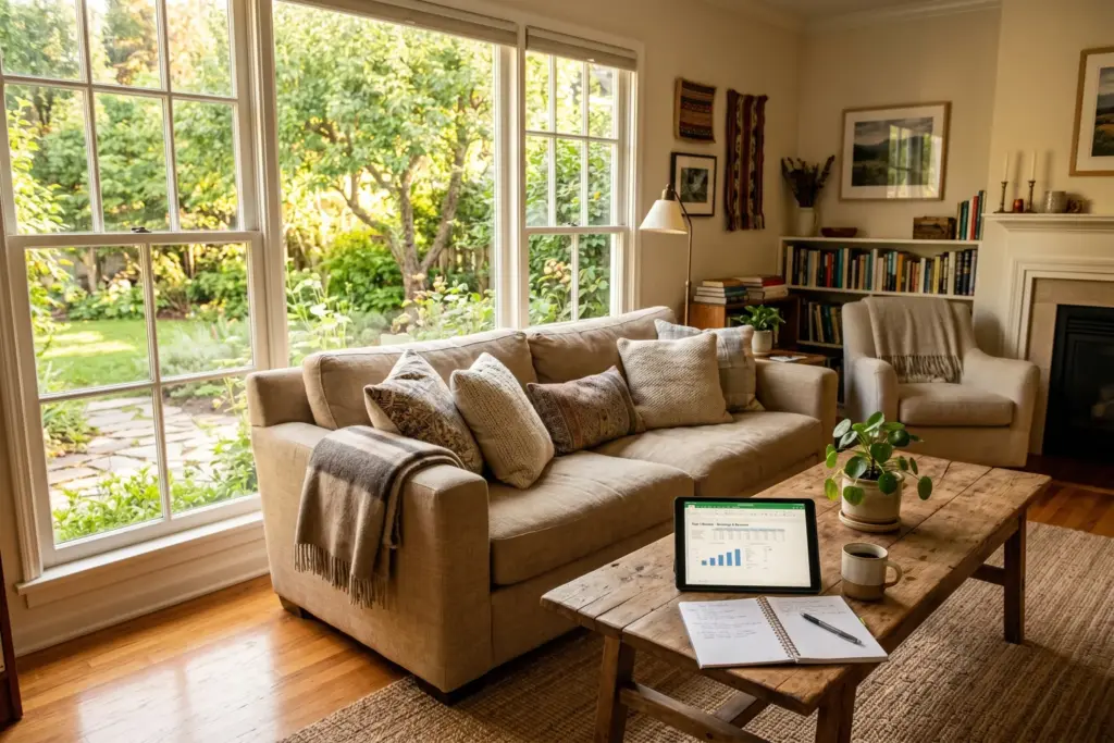 A welcoming vacation rental living room with morning light, representing the first-year hosting experience