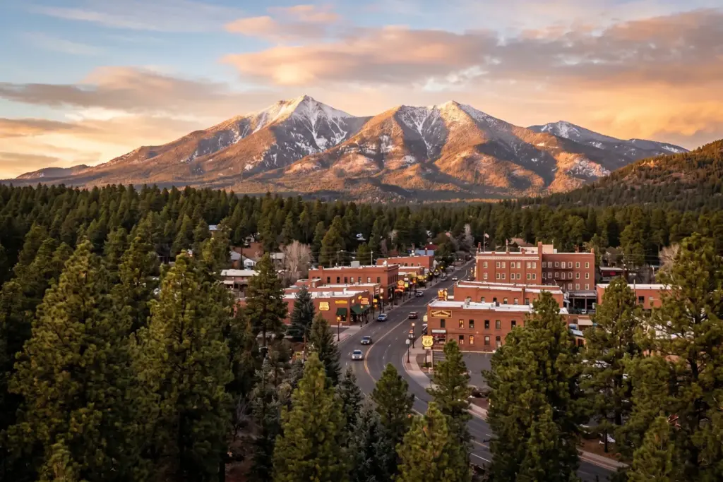 Flagstaff Arizona mountain landscape with San Francisco Peaks and ponderosa pines representing the high-country STR market