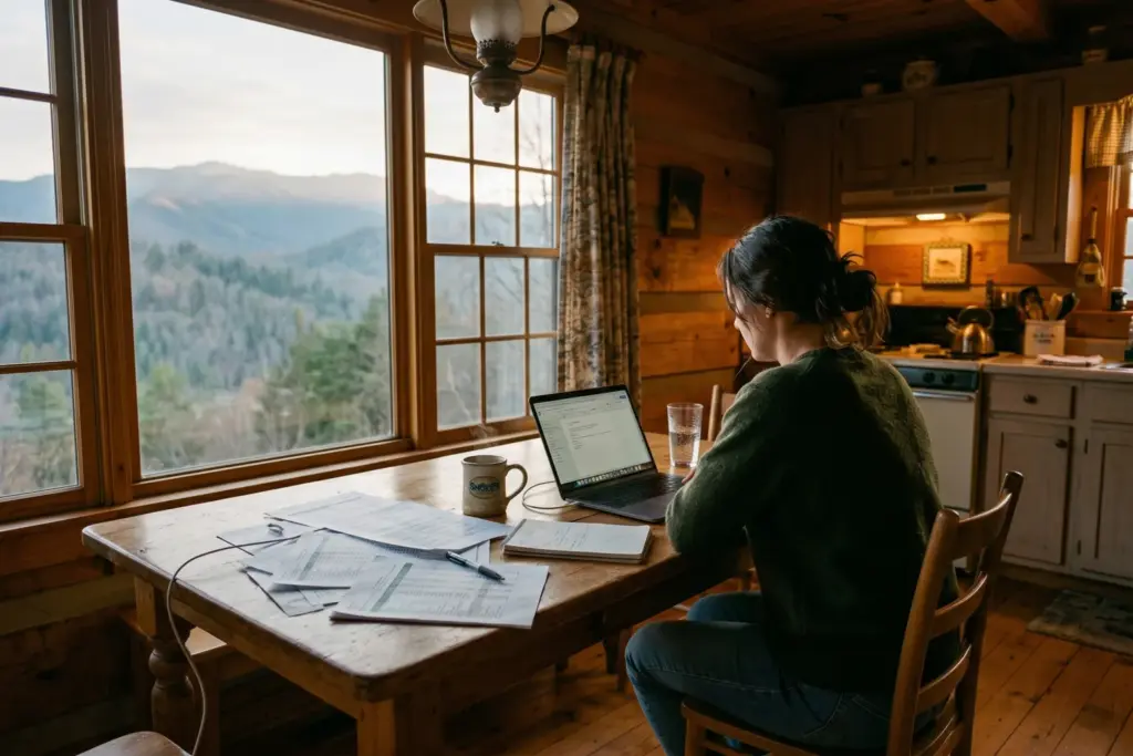 A person sits at a kitchen table in a mountain cabin reviewing STR financials on a laptop with spreadsheets and morning light streaming through the window