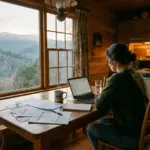 A person sits at a kitchen table in a mountain cabin reviewing STR financials on a laptop with spreadsheets and morning light streaming through the window