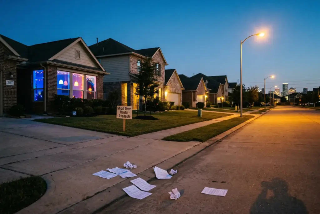 Houston residential neighborhood showing tension between short-term rental properties and permanent residents