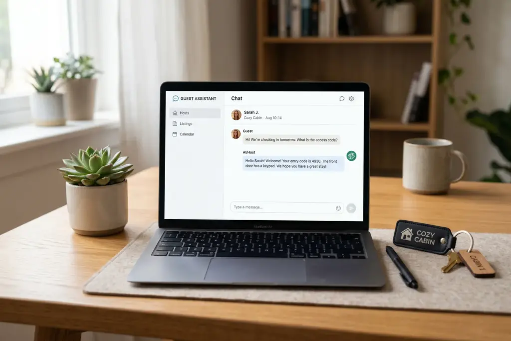 STR host laptop showing AI chat interface for writing guest messages in 2026