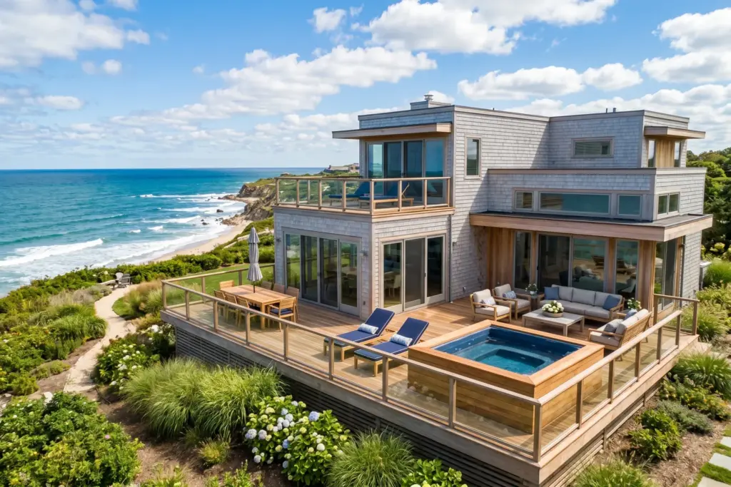 Modern beach vacation rental property with ocean view deck, representing how to buy an Airbnb property in 2026
